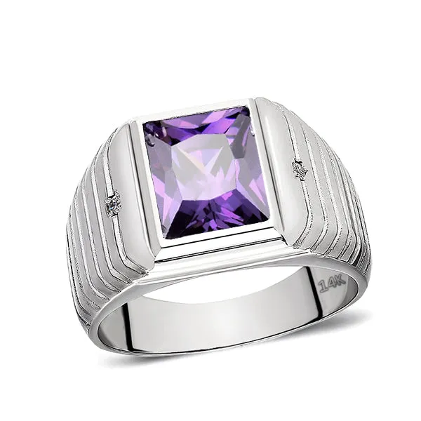 14K White Gold Amethyst Mens Ring 0.04ctw Natural Diamonds Ring for Men