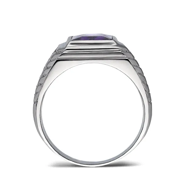 14K White Gold Amethyst Mens Ring 0.04ctw Natural Diamonds Ring for Men