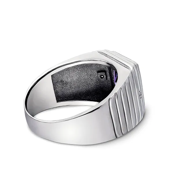 14K White Gold Amethyst Mens Ring 0.04ctw Natural Diamonds Ring for Men