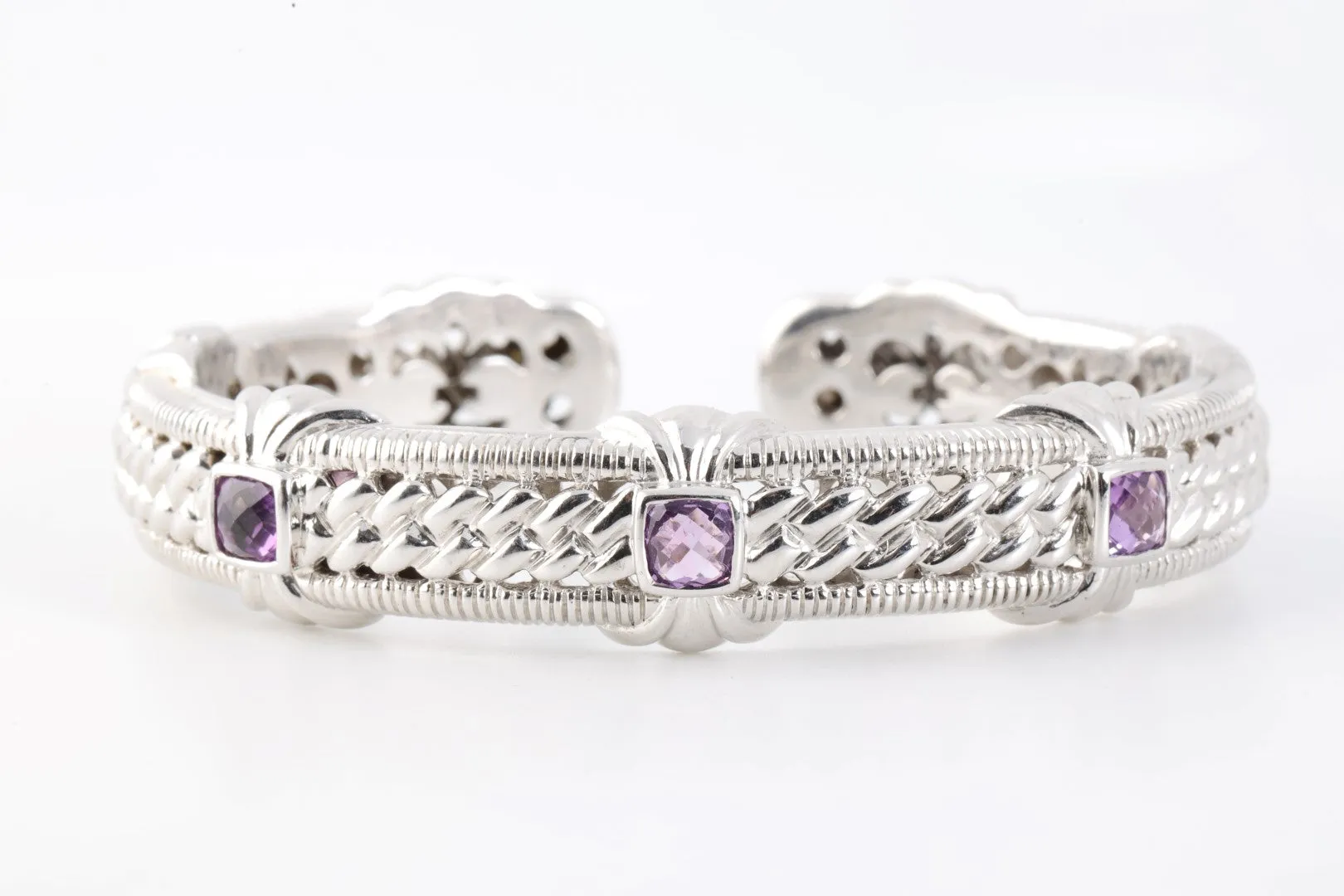 6.5" Judith Ripka 925 Silver 1.43tcw Amethyst Hinged Cuff Bracelet (47.79g.)