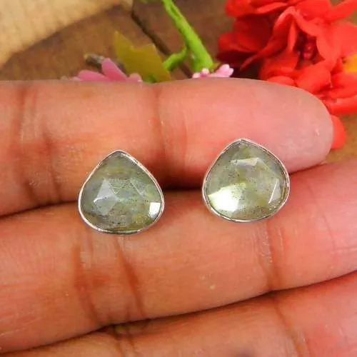 925 Sterling Silver Labradorite Heart Shape Bezel Set Stud Earring