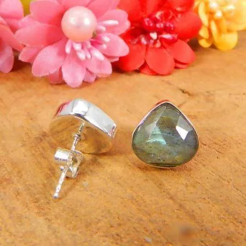 925 Sterling Silver Labradorite Heart Shape Bezel Set Stud Earring