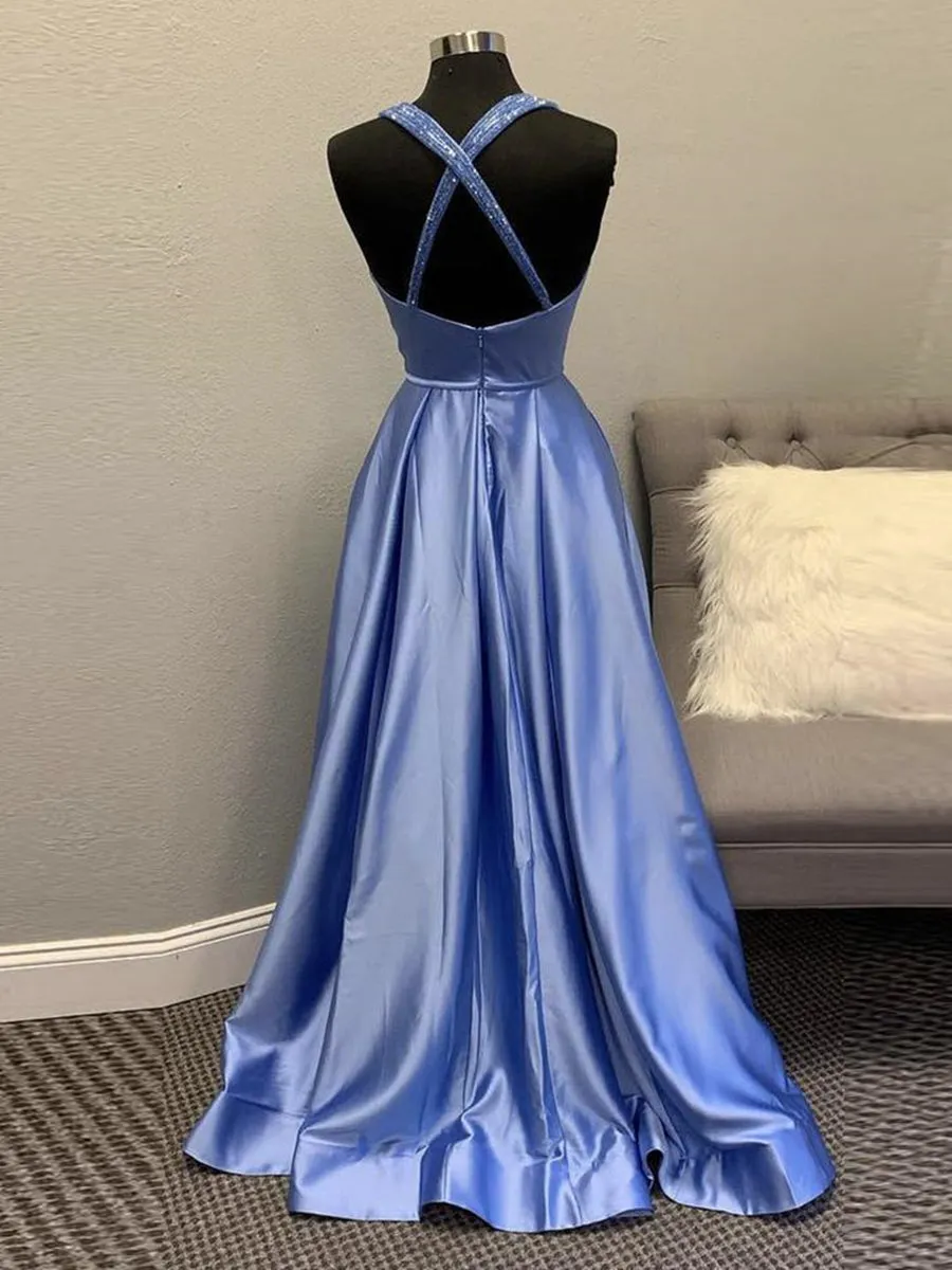 A Line V Neck Backless Blue Long Prom Dresses, Open Back Blue Formal Graduation Evening Dresses