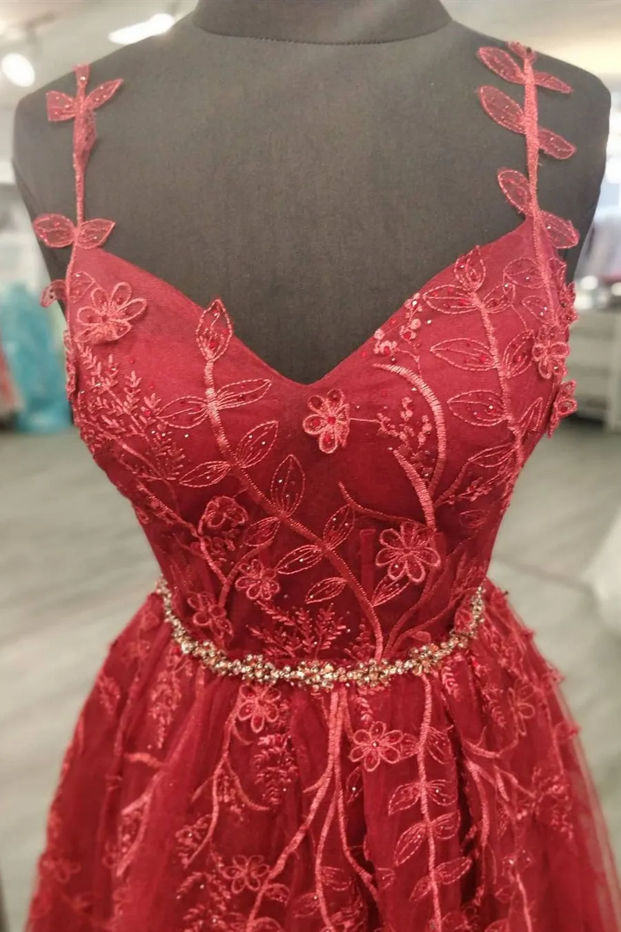 A Line V Neck Burgundy Lace Floral Long Prom Dresses, Wine Red Lace Formal Dresses, Burgundy Evening Dresses