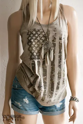 Acid Washed American Flag Military Green toned Racerback Tank Top