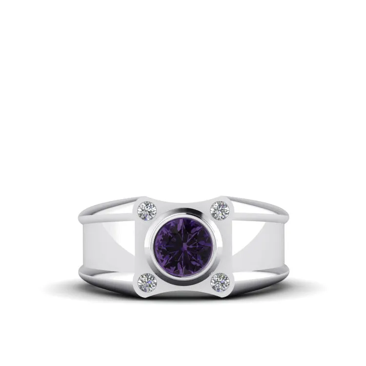 Amethyst Signet Ring 4 GENUINE DIAMONDS in 10K White Gold Aquarius Jewelry Gift for Him