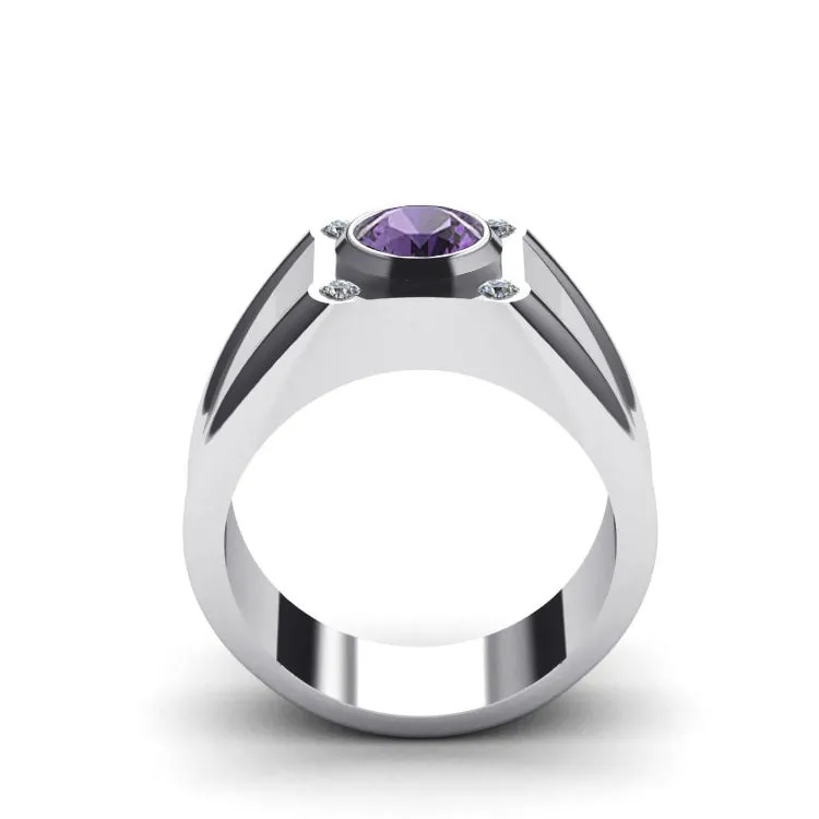 Amethyst Signet Ring 4 GENUINE DIAMONDS in 10K White Gold Aquarius Jewelry Gift for Him