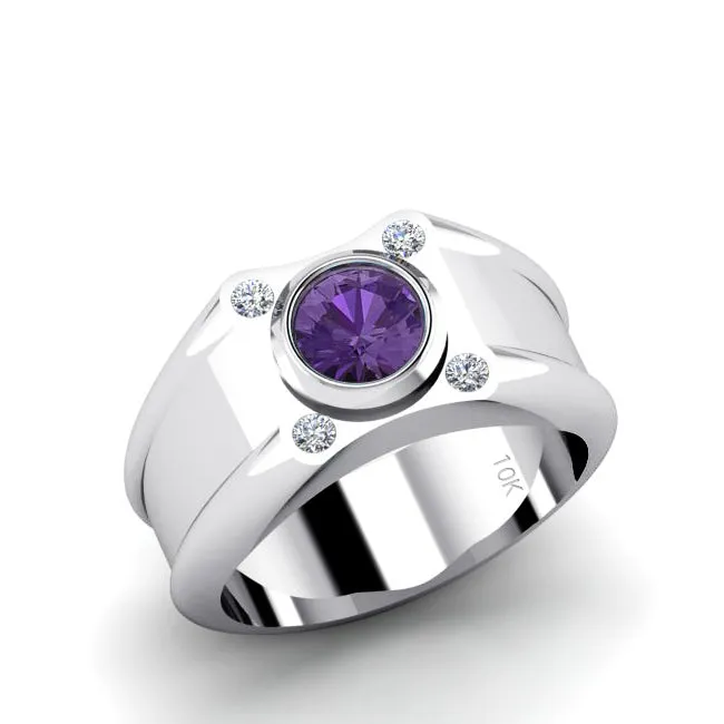 Amethyst Signet Ring 4 GENUINE DIAMONDS in 10K White Gold Aquarius Jewelry Gift for Him