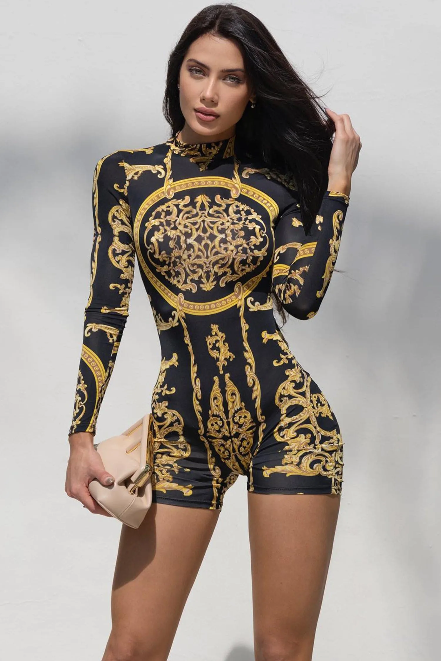 Black And Gold Damask Long Sleeve High Neck Romper