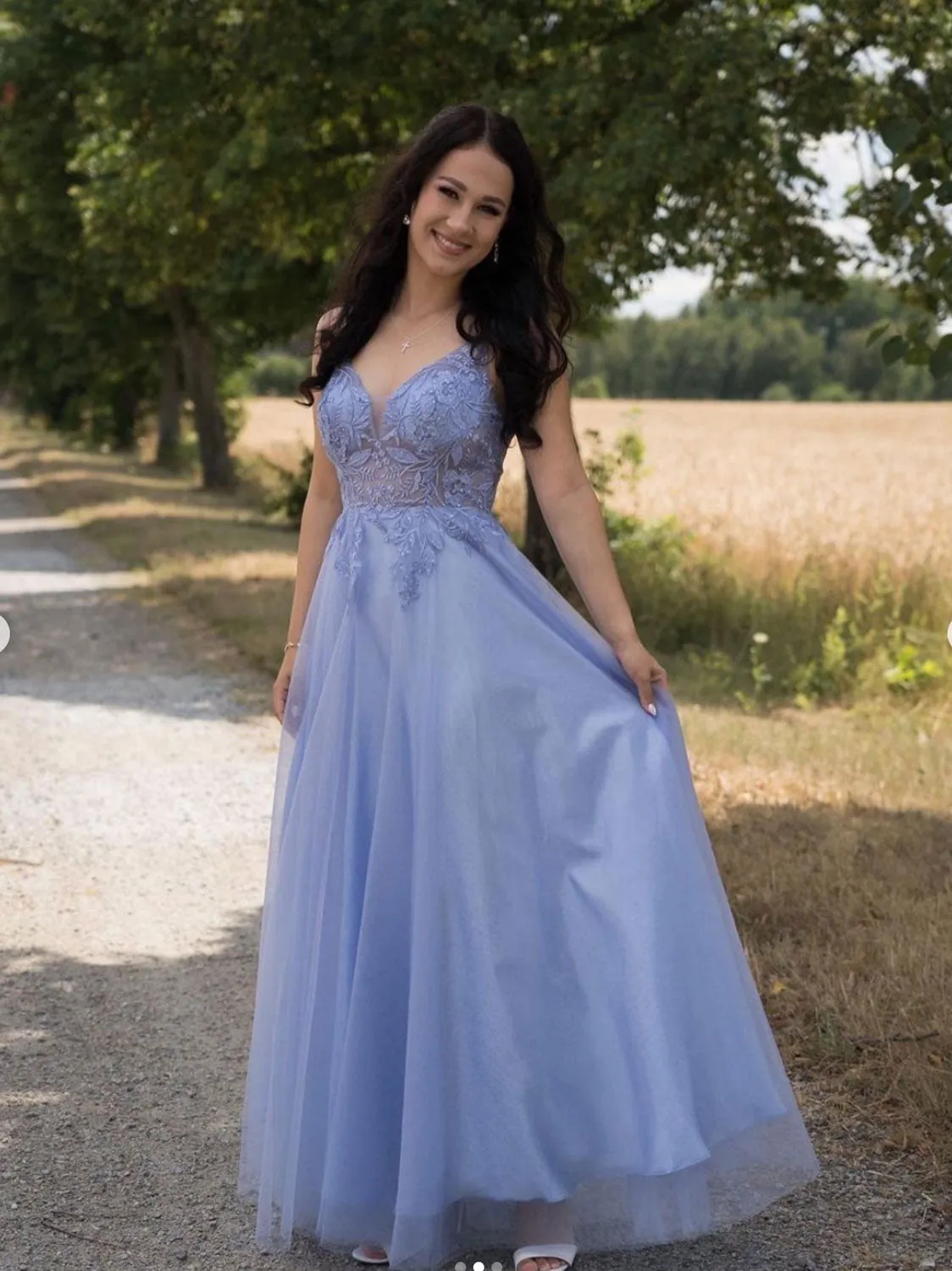 Blue v neck tulle lace long prom dress blue tulle lace evening dress