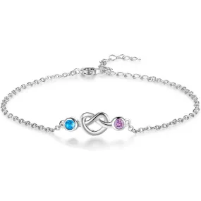 Custom 2 Birthstone Silver Heart Knot Mother's Bracelet - 2 Stone Mom Bracelet