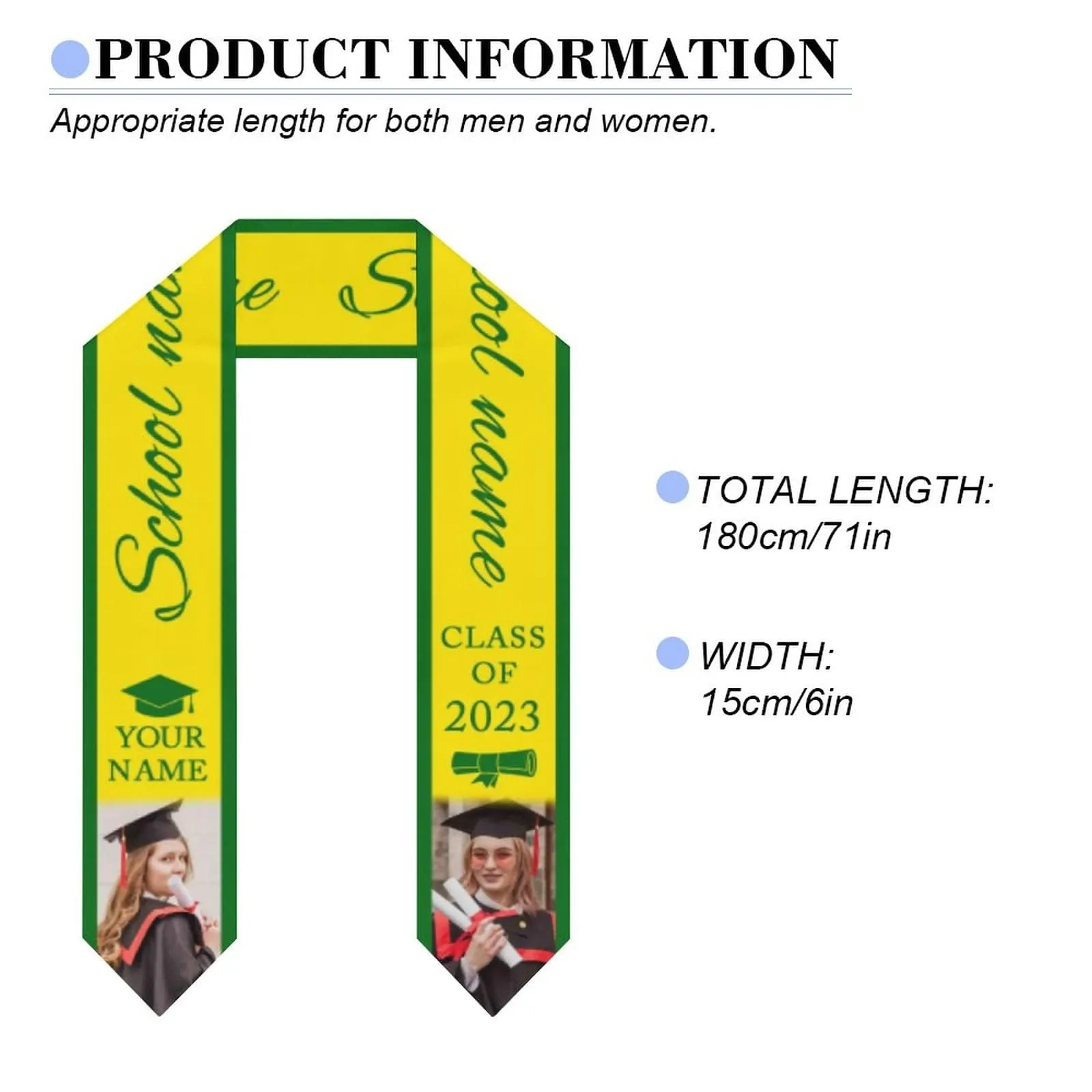 Custom Photo&Name Yellow Graduation Stoles Sash Class of 2023 Graduation Gift