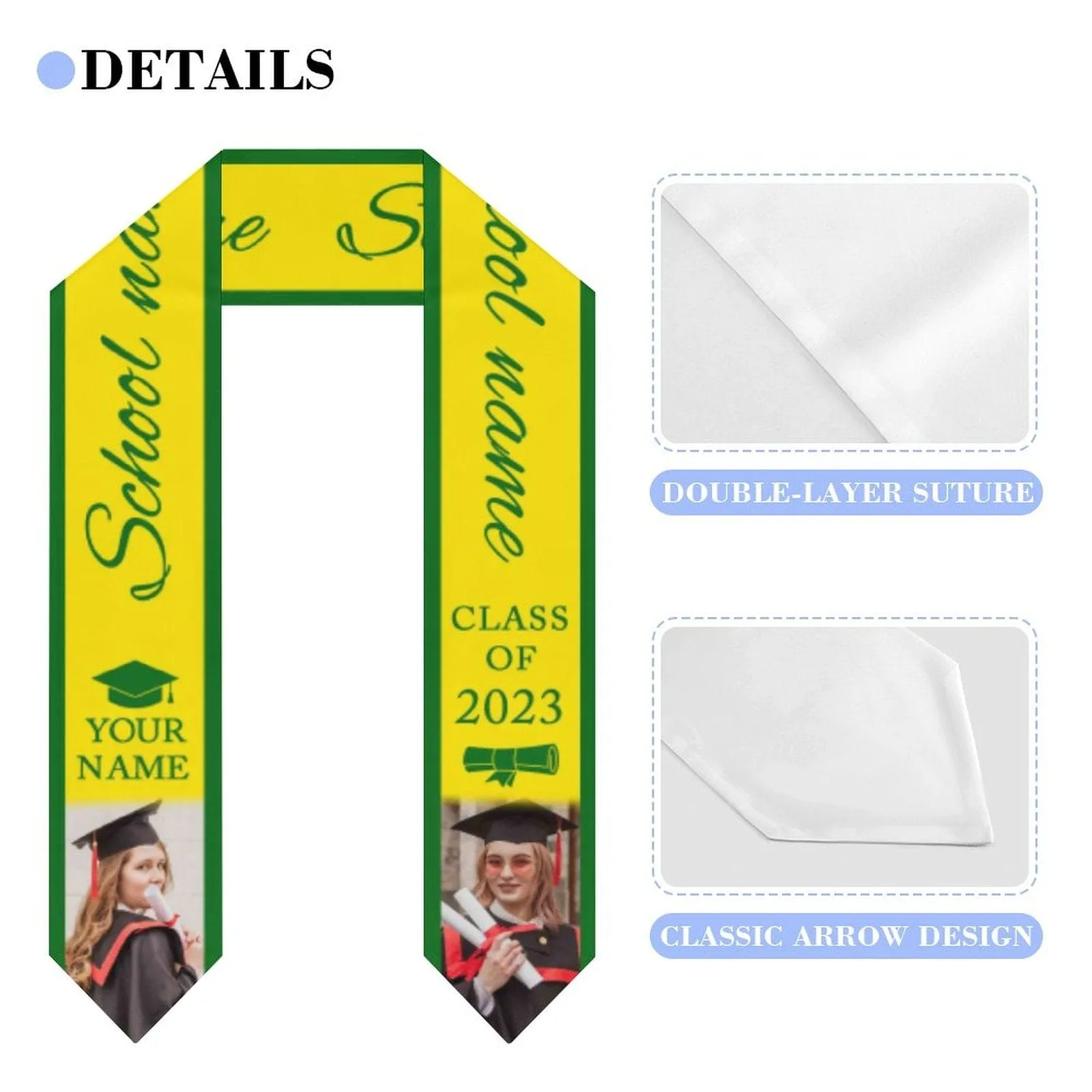 Custom Photo&Name Yellow Graduation Stoles Sash Class of 2023 Graduation Gift