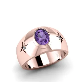 Diamond Ring for Man SOLID 14K Rose Gold Oval Amethyst Gemstone Unique Male Wedding Band