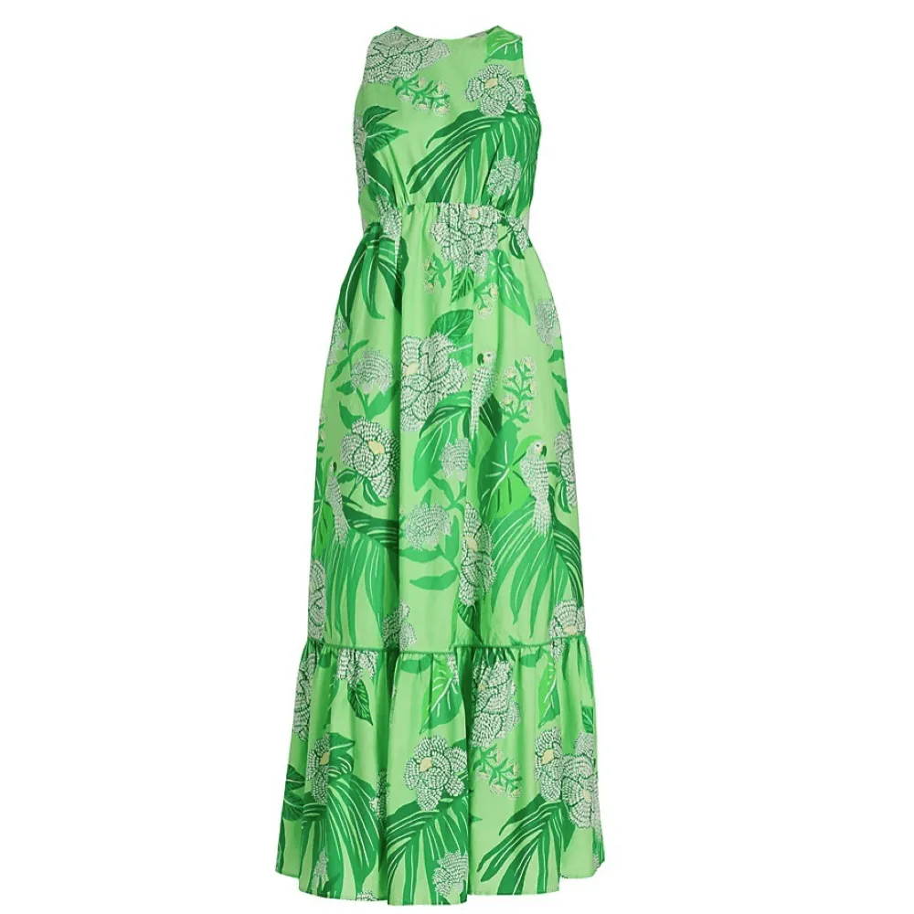 Farm Rio Women Dewdrop Floral Green Sleeveless Cotton Midi Dress