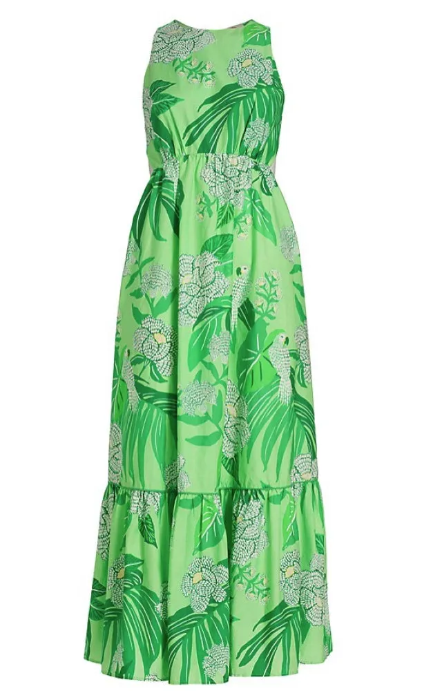 Farm Rio Women Dewdrop Floral Green Sleeveless Cotton Midi Dress