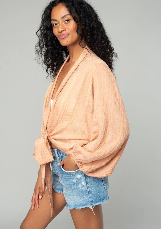 Lovestitch Stripe Textured Tie Front Kimono Top