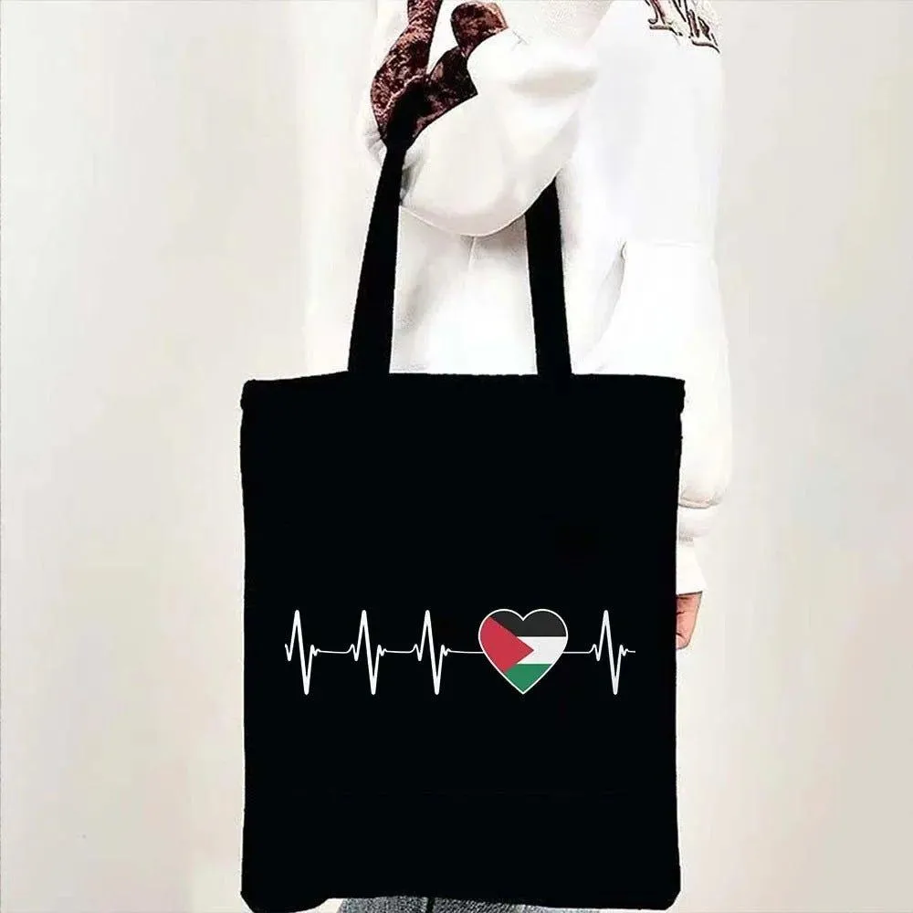 MAC138 Palestine Flag Heartbeat Canvas Cotton Tote Bag