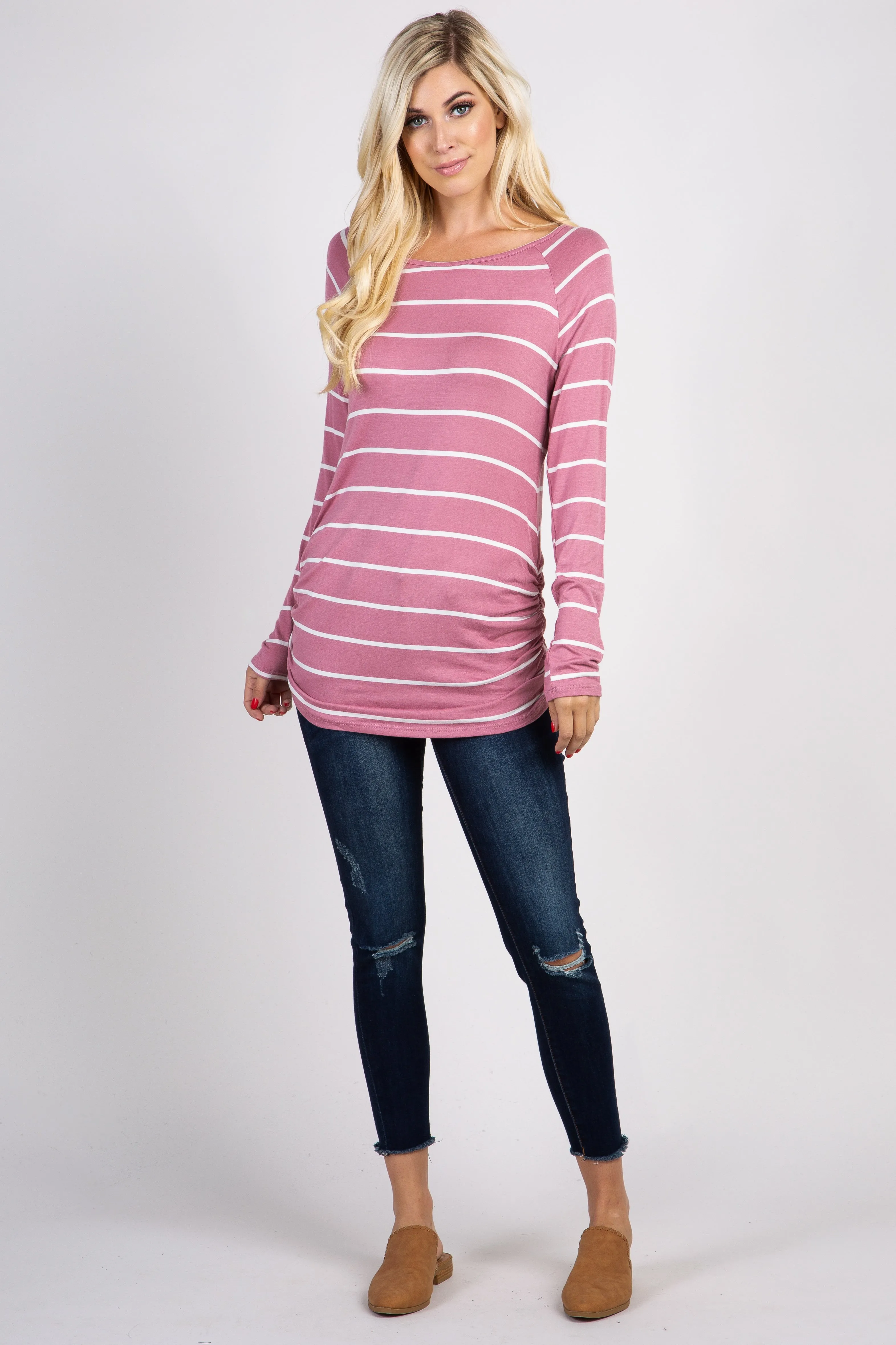 Mauve Striped Ruched Top