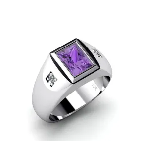 Natural Diamonds & Amethyst Gemstone Ring for Men in 10K White Gold Turkish Handmade Jewelry