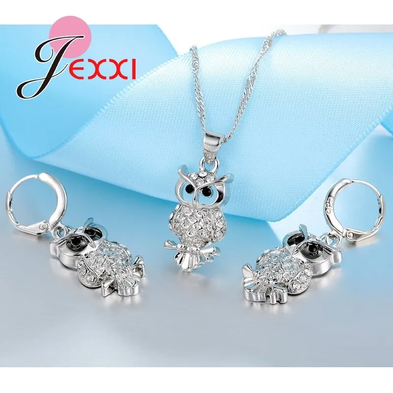 Owl Pretty Shape 925 Sterling Silver Fashion Jewelry Set With AAA  Cubic Zirconia Women Necklace &amp; Earrings &amp; Pendant