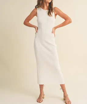 Patterned Rib Knit Long Dress - White