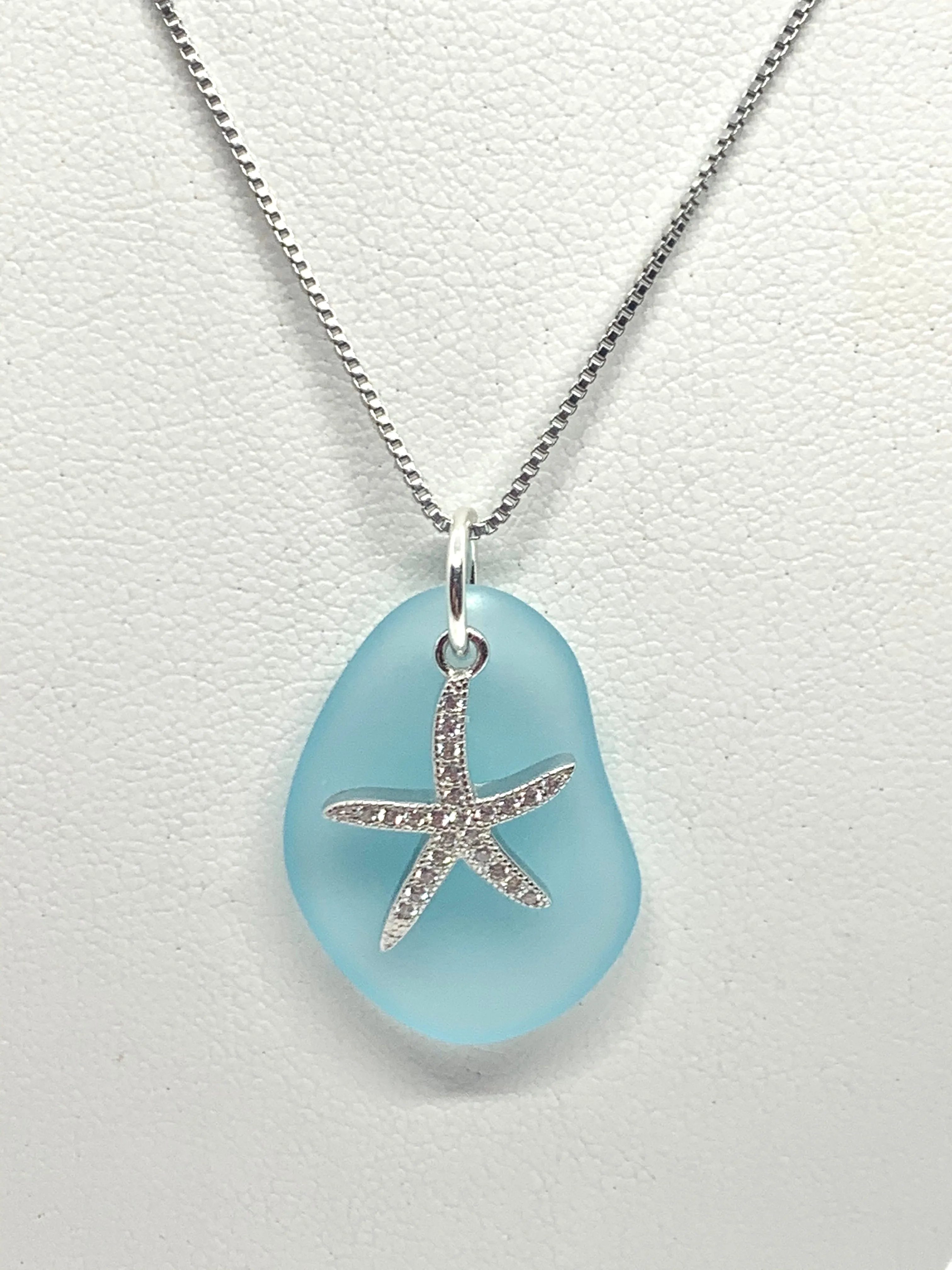 Pave Starfish Sea Glass Necklace Aqua