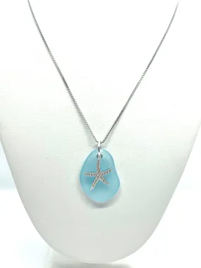 Pave Starfish Sea Glass Necklace Aqua