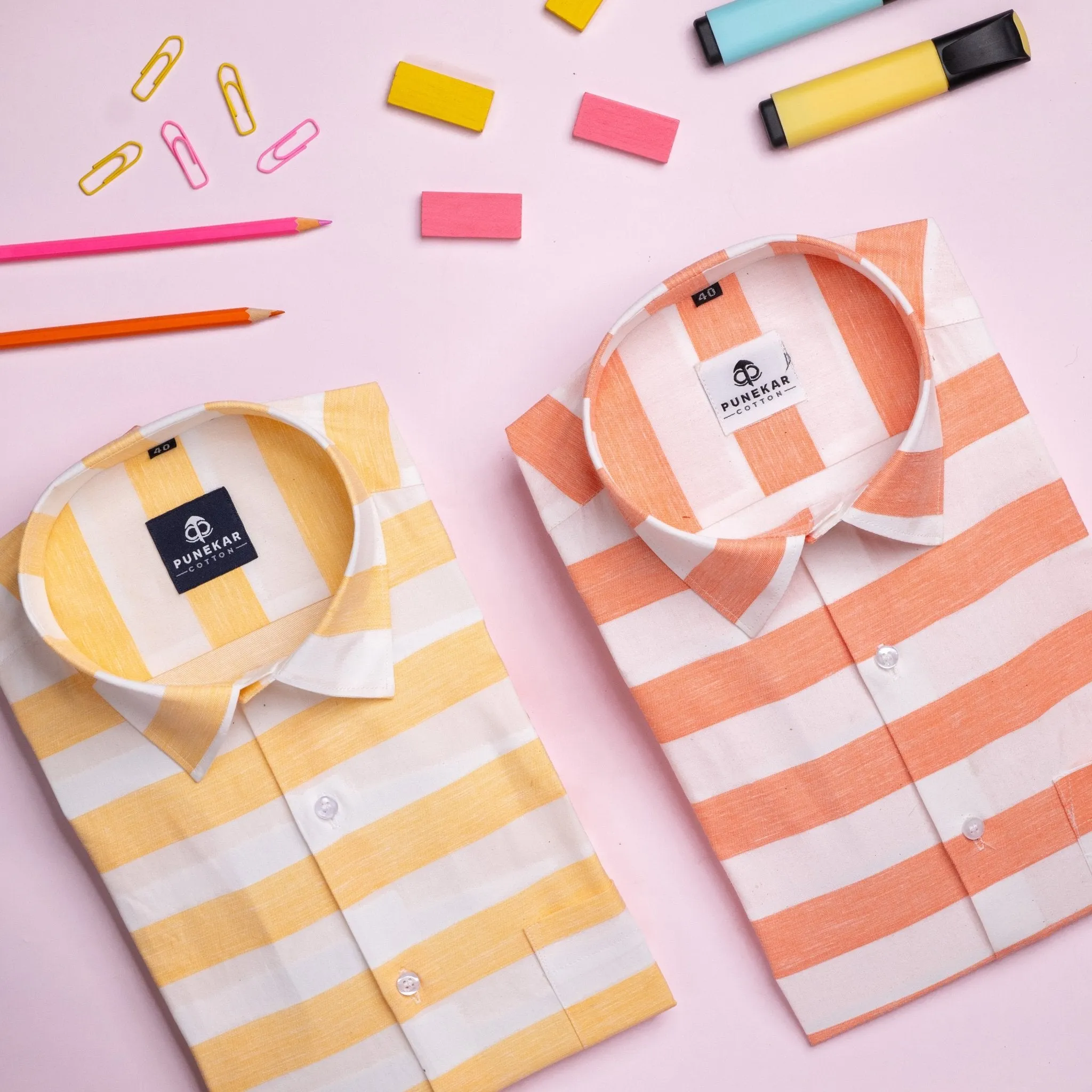 Peach Orange Color Cotton Stripe Shirt For Men