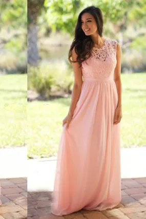 Pink Jewel Neck Sleeveless Princess Appliques Prom Dresses