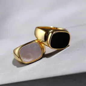 Square White Mother of Pearls Shell Black Onyx Ring Gold Vermeil