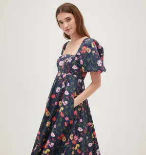 The Matilda Dress - Navy Peony Bouquet Cotton Sateen