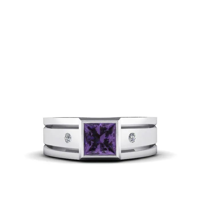 Wedding Ring for Man High Polished 18K White Gold with Square Amethyst Stone and Diamonds