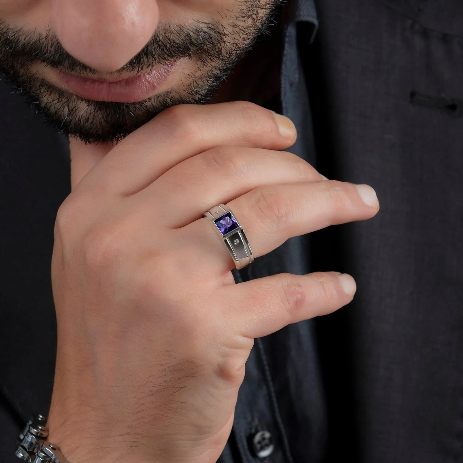 Wedding Ring for Man High Polished 18K White Gold with Square Amethyst Stone and Diamonds