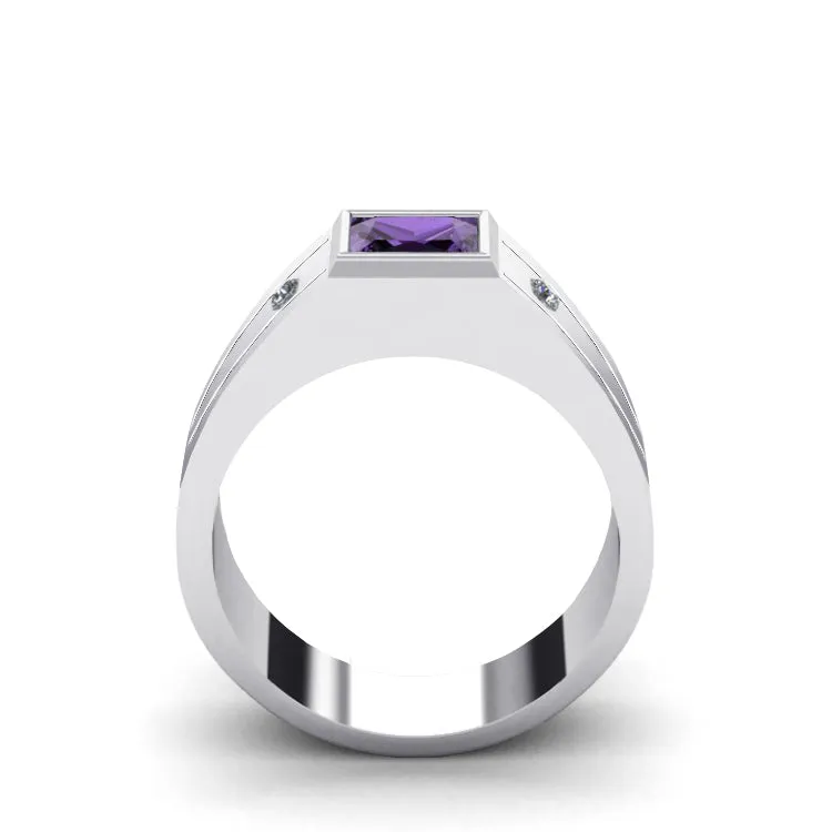 Wedding Ring for Man High Polished 18K White Gold with Square Amethyst Stone and Diamonds