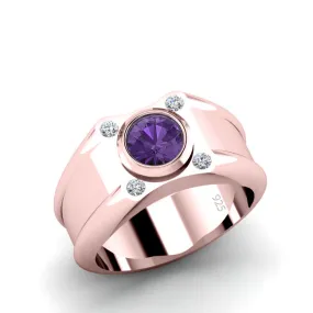 Wide Band Ring with Diamond GP Sterling Silver and 1.70ct Round Amethyst February Birthstone Gift