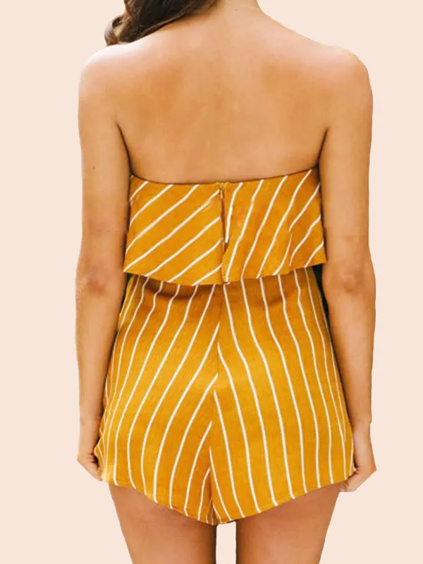 Women Off Shoulder Striped Beach Shorts Jumpsuit