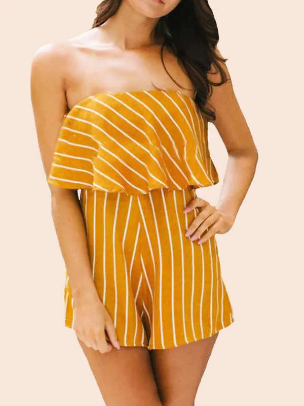 Women Off Shoulder Striped Beach Shorts Jumpsuit