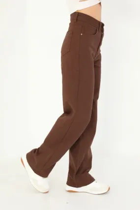 Women's Brown Wide Leg Palazzo High Waist Trousers - Bikelife